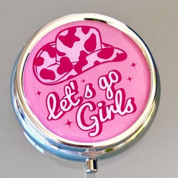 Western Let's go Girls Pink Cowgirl Cow Print Cowboy Hat Purse Travel Pill Box - Picture 2 of 3